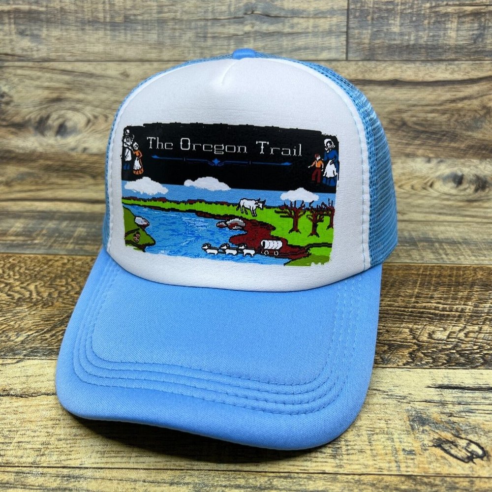 The Oregon Trail Mens Trucker Hat Baby Blue Snapback 80s Computer Game Ball Cap